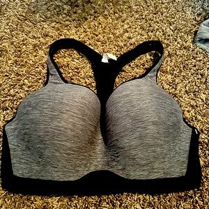 Gray and black razor back sports bra